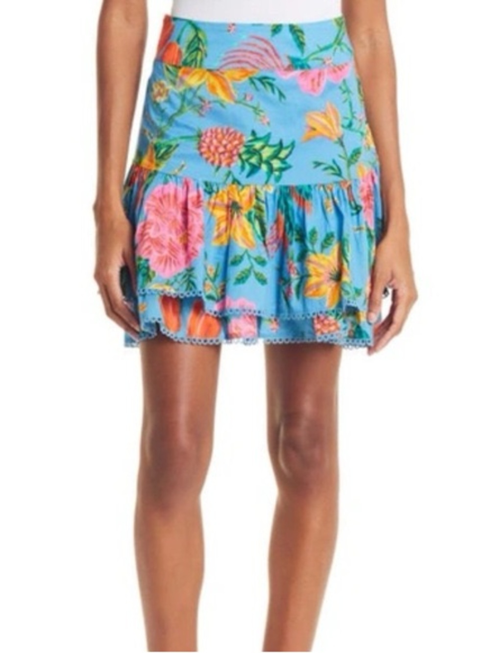 Farm Rio Blue Toucans Garden Tiered Mini Skirt